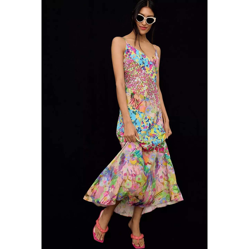Plenty by Tracy Reese Anthropologie Printed V-Neck Maxi Dress Multicolor Small